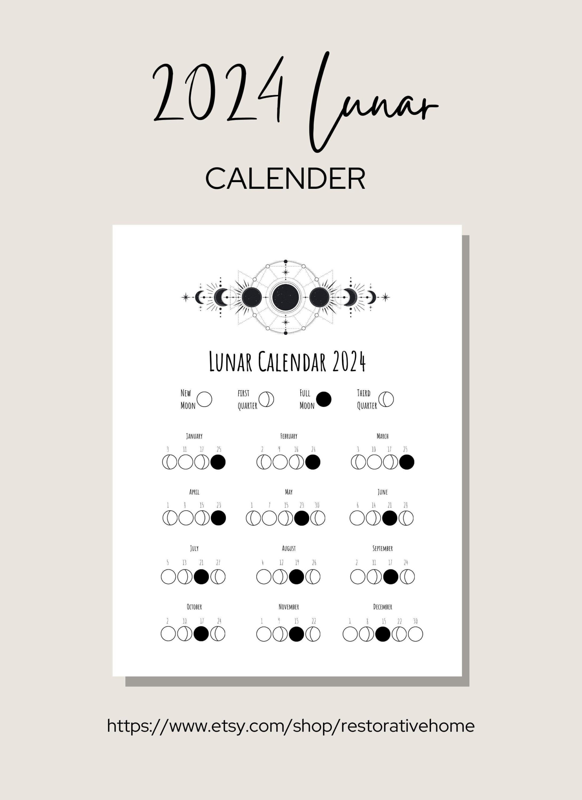 2024 Lunar Calendar Printable Moon Phase Calendar - Etsy Ireland for 2024 Lunar Calendar Printable