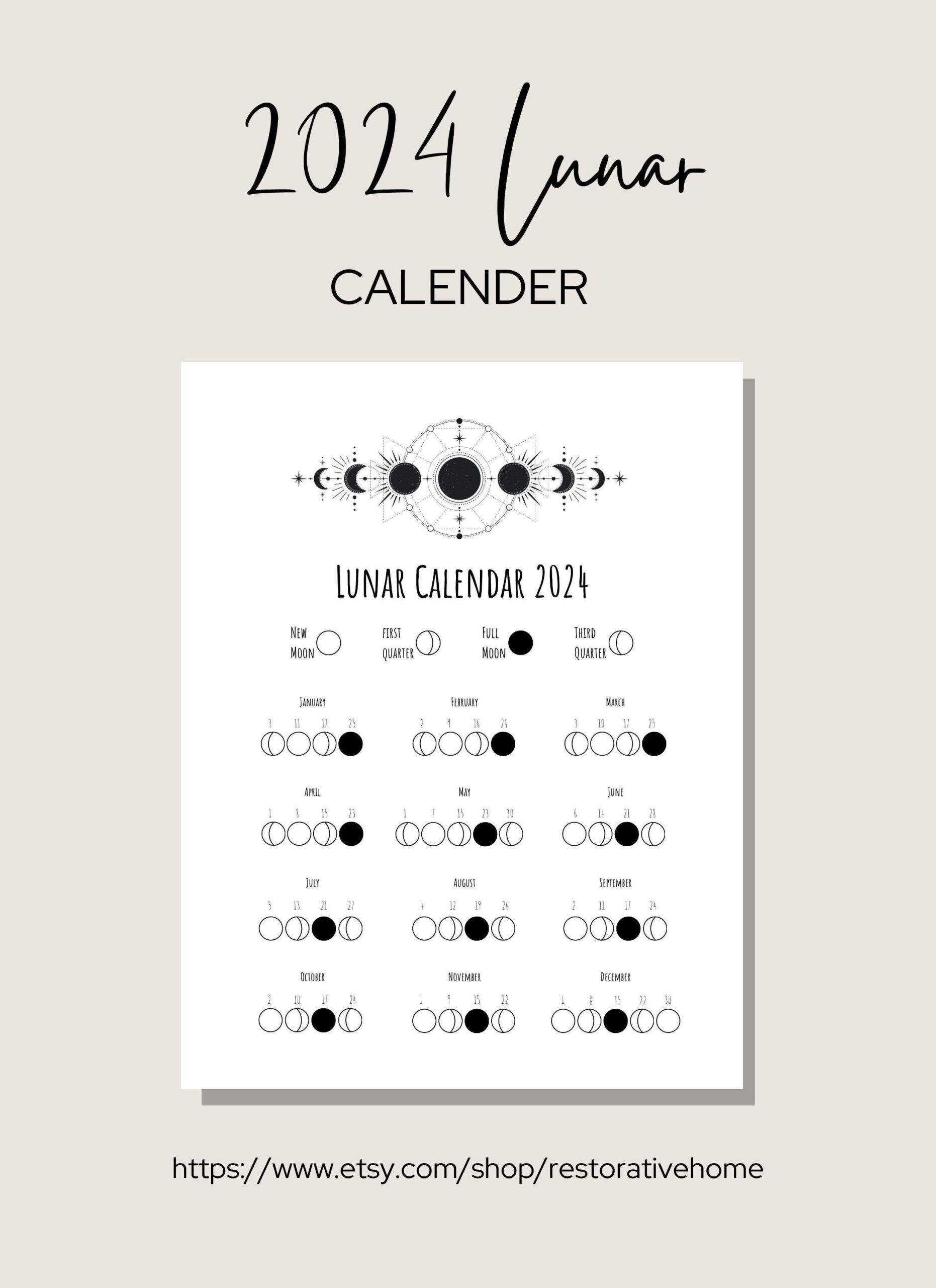 2024 Lunar Calendar Printable Moon Phase Calendar - Etsy Ireland for 2024 Moon Calendar Printable