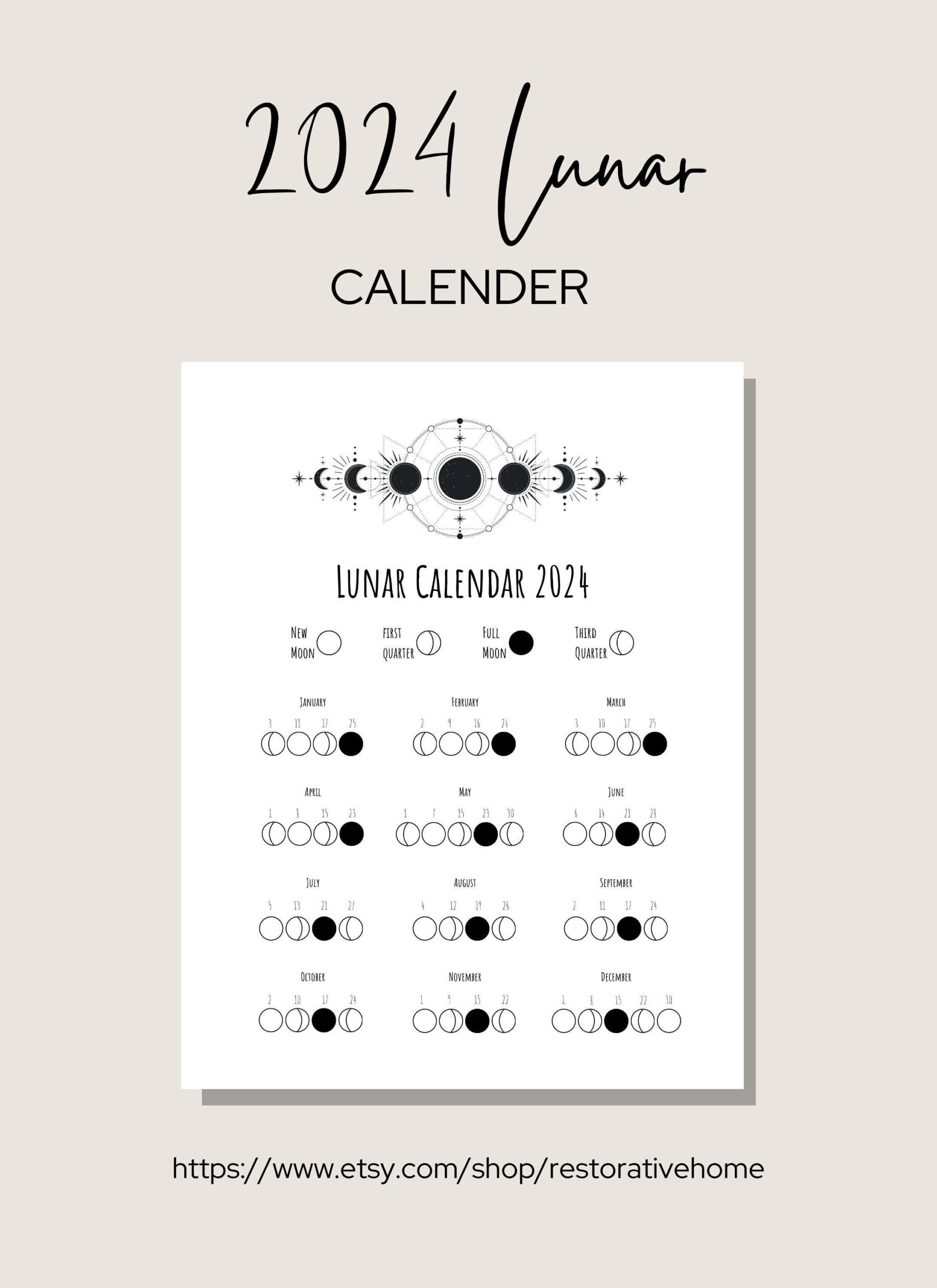 2024 Lunar Calendar Printable Moon Phase Calendar - Etsy Ireland for 2024 Moon Phase Calendar Printable