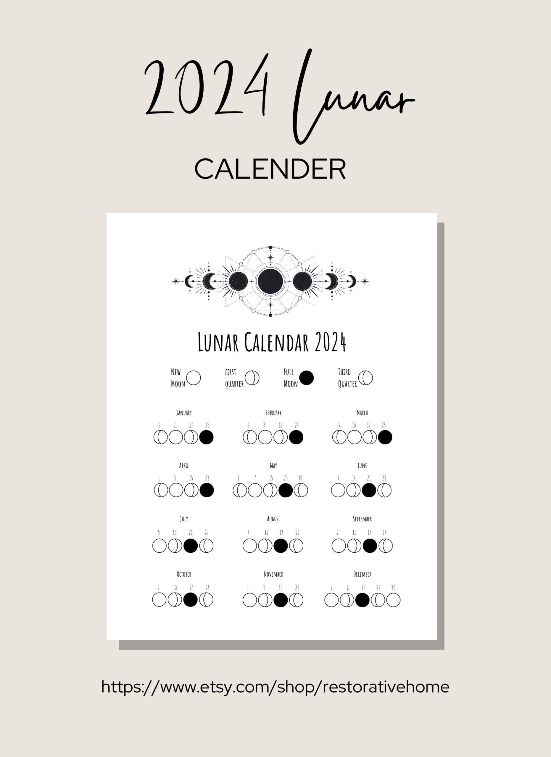 2024 Lunar Calendar Printable Moon Phase Calendar - Etsy Ireland for Moon Phase Calendar 2024 Printable
