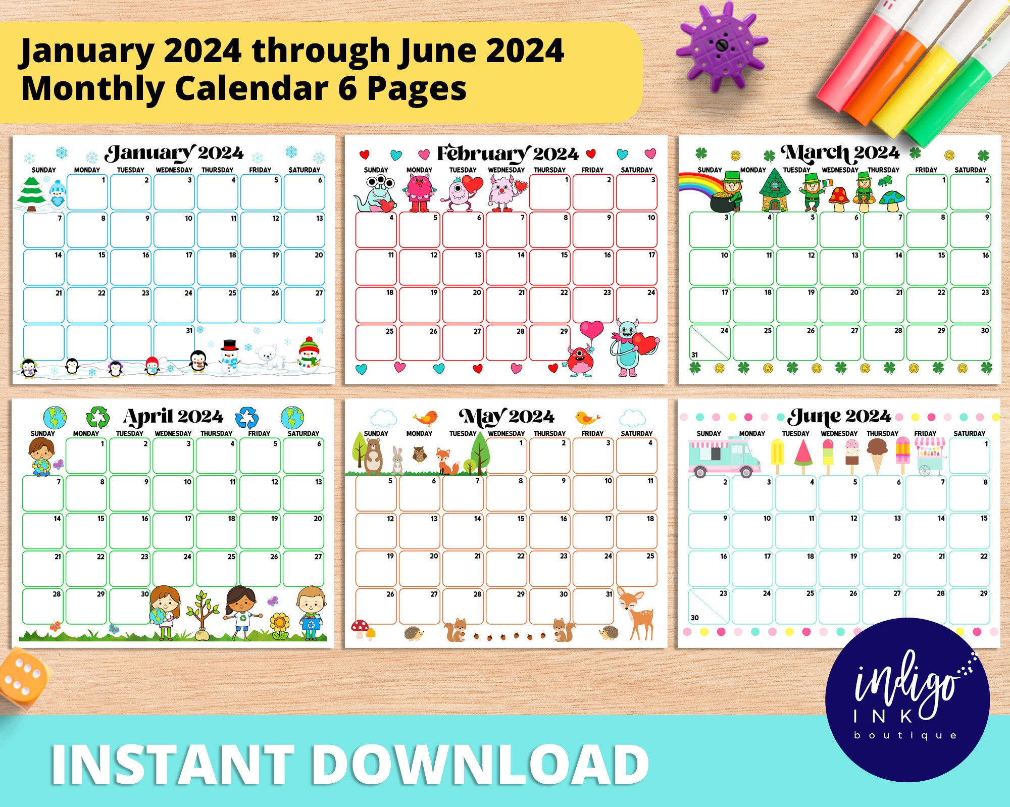 2024 Monthly Calendar Printable Instant Download January - Etsy for Disney 2024 Calendar Printable