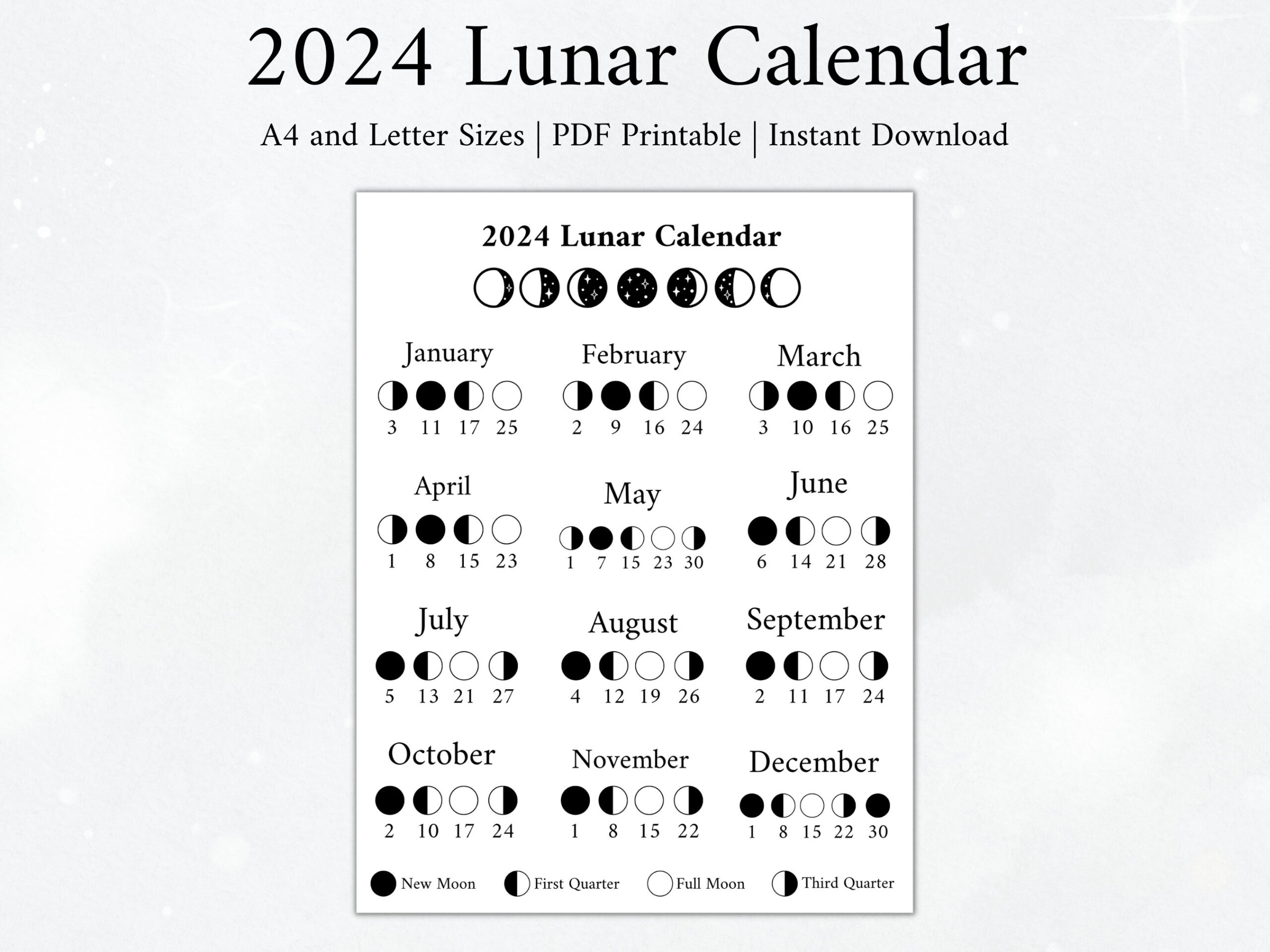 2024 Moon Calendar Moon Phase Calendar Lunar Calendar 2024 - Etsy for 2024 Full Moon Calendar Printable