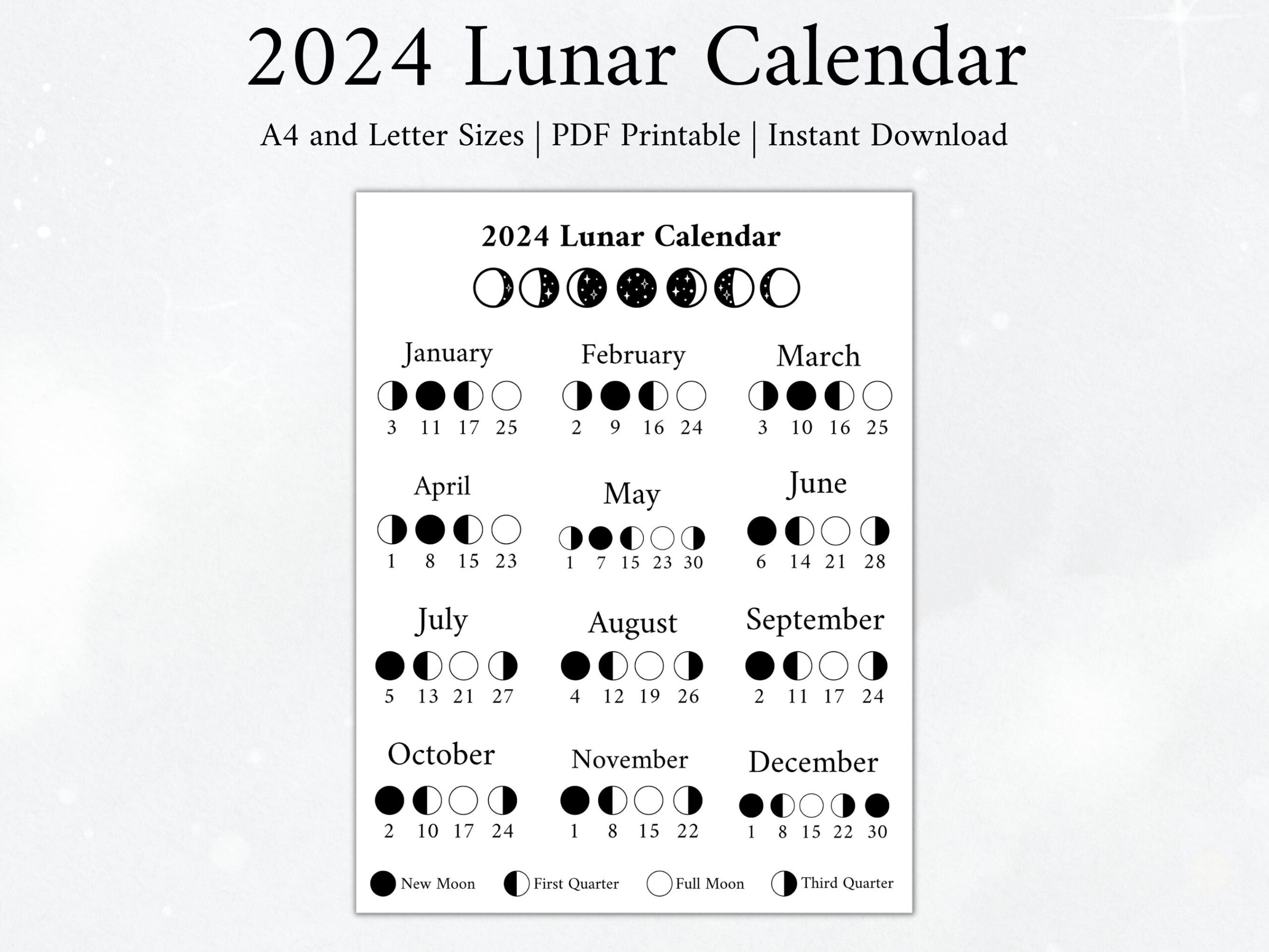 2024 Moon Calendar Moon Phase Calendar Lunar Calendar 2024 - Etsy for Printable 2024 Calendar With Moon Phases