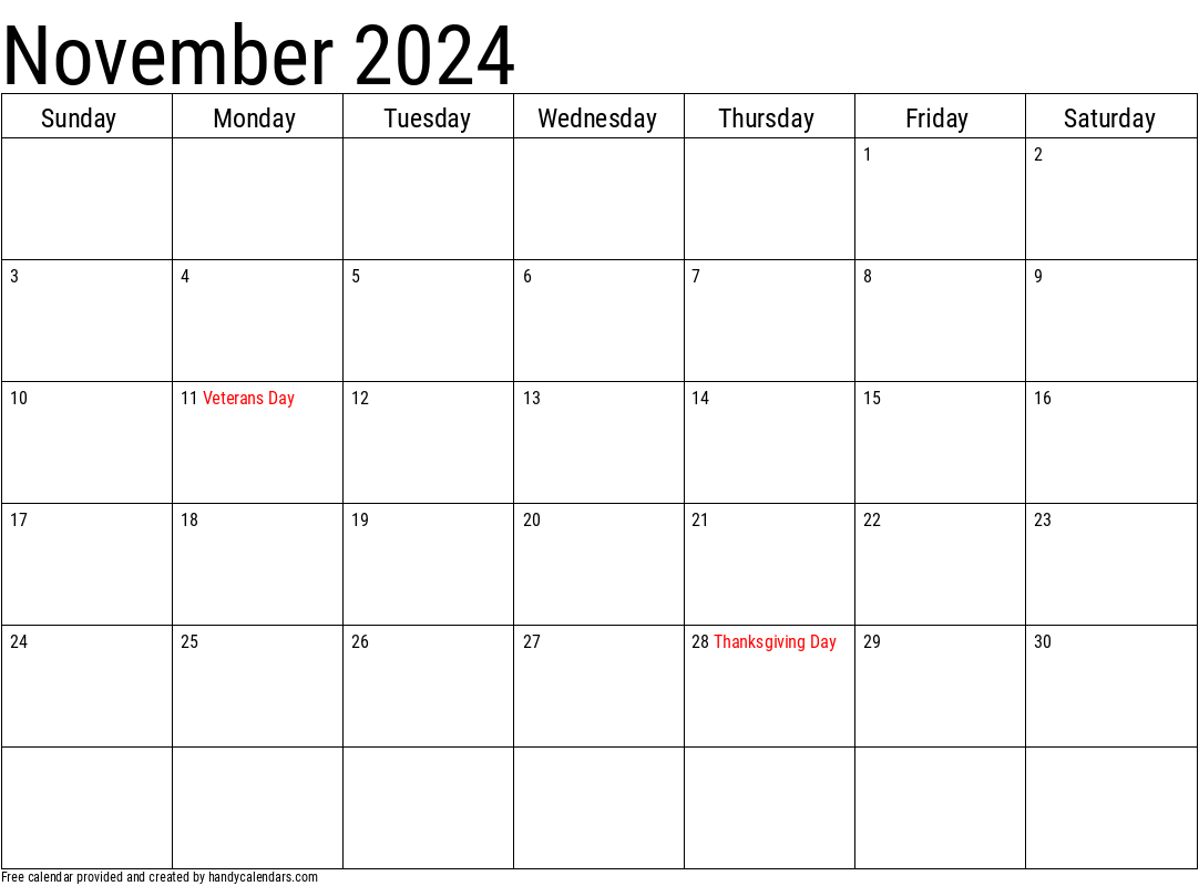 2024 November Calendars - Handy Calendars for November 2024 Calendar With Holidays Printable