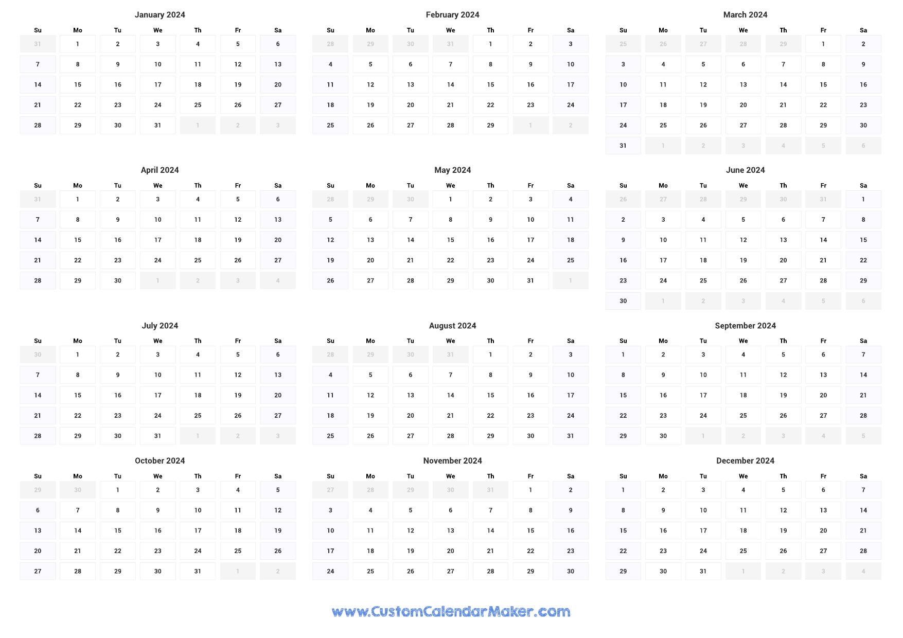 2024 One Page Calendar Landscape for Printable Calendar 2024 Landscape