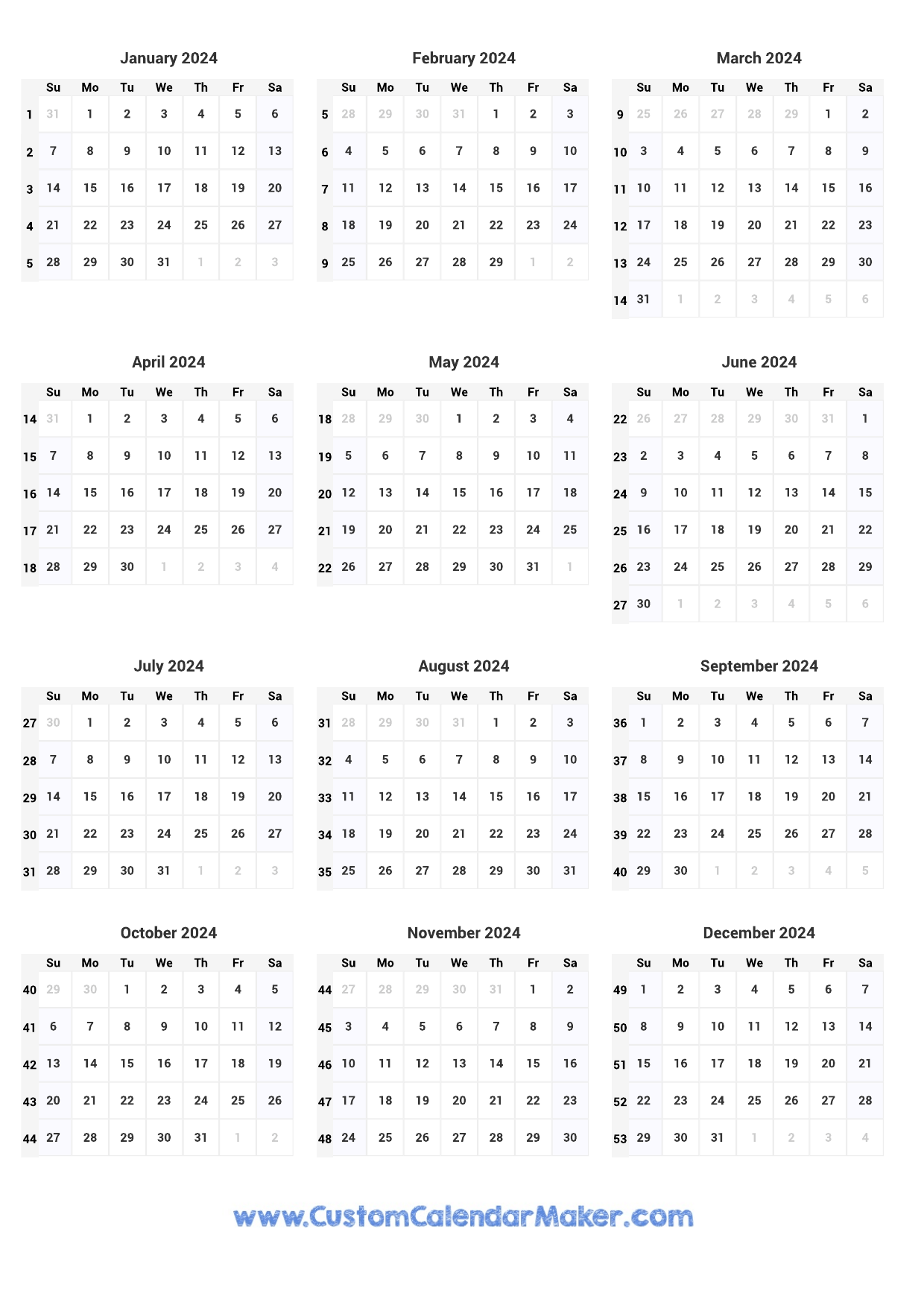 2024 One Page Yearly Calendar With Week Numbers for 2024 Week Number Calendar Printable