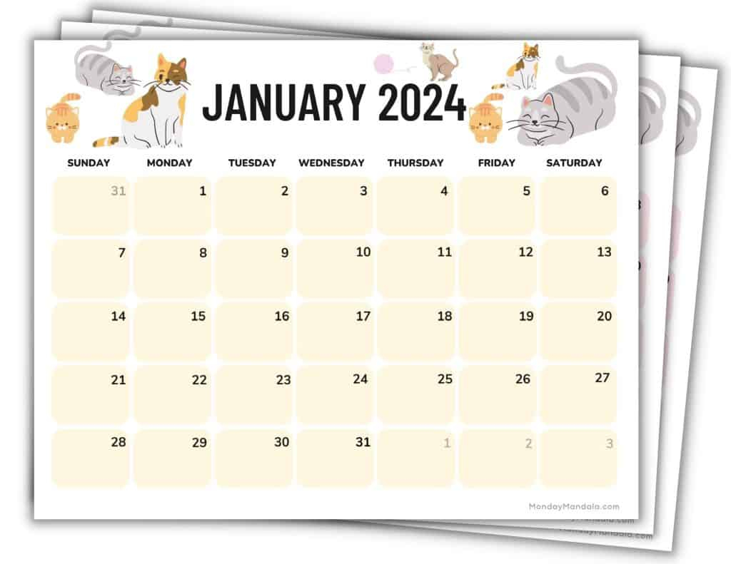 2024 Printable Calendars (56 Free Pdf Printables) for Printable Cat Calendar 2024