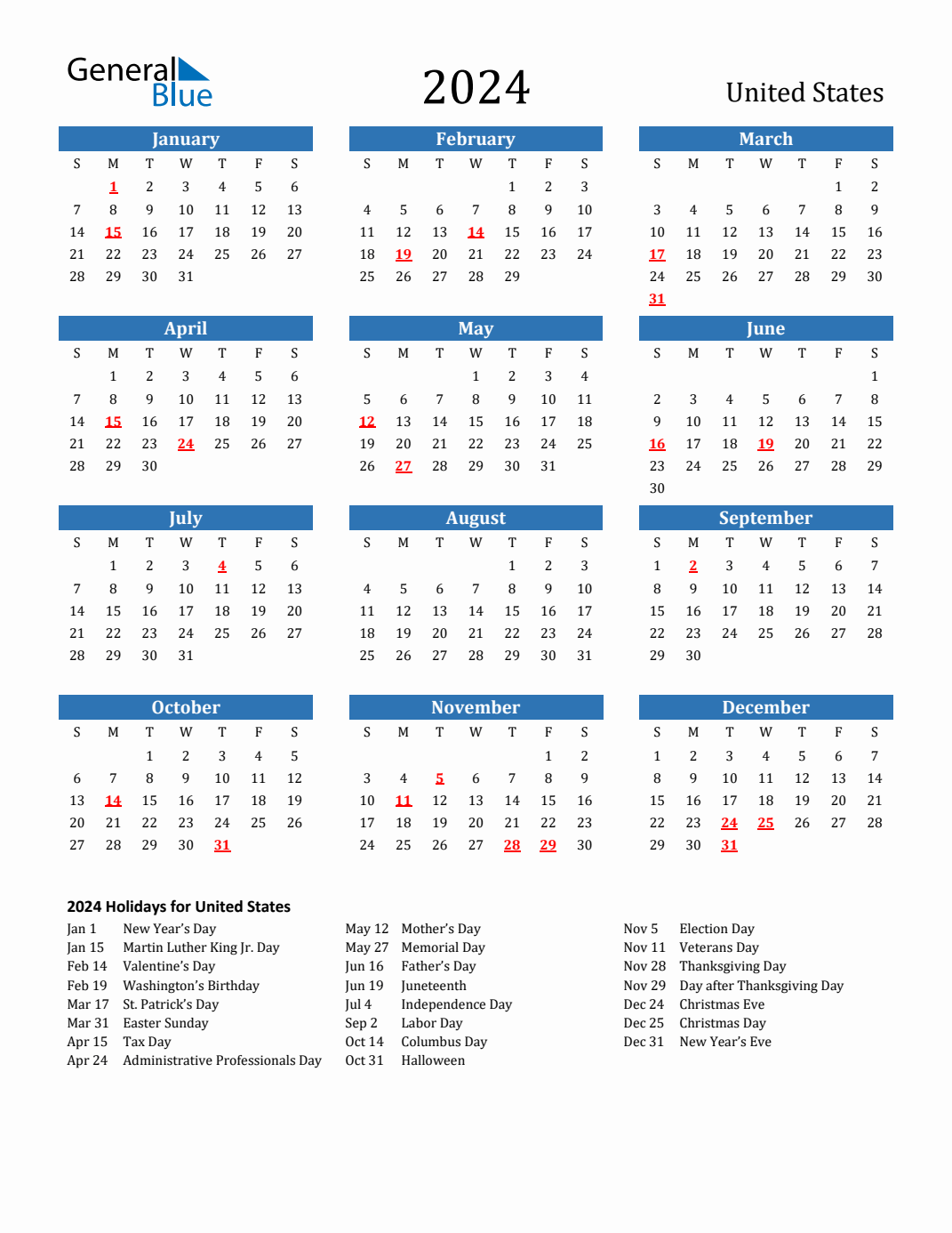 2024 United States Calendar With Holidays for 2024 Calendar With Holidays Usa Printable Free