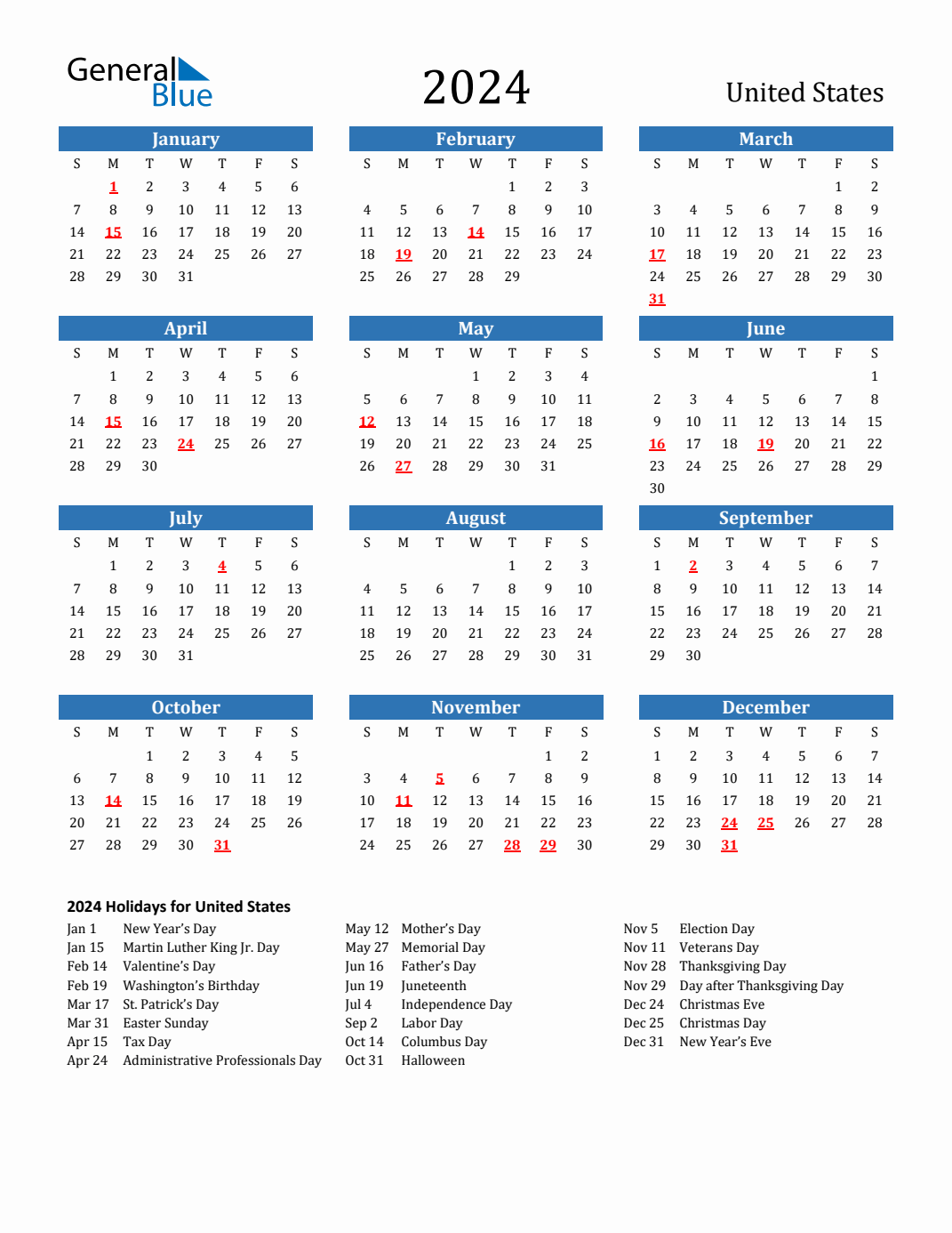 2024 United States Calendar With Holidays for Free Printable 2024 Calendar With Holidays Us