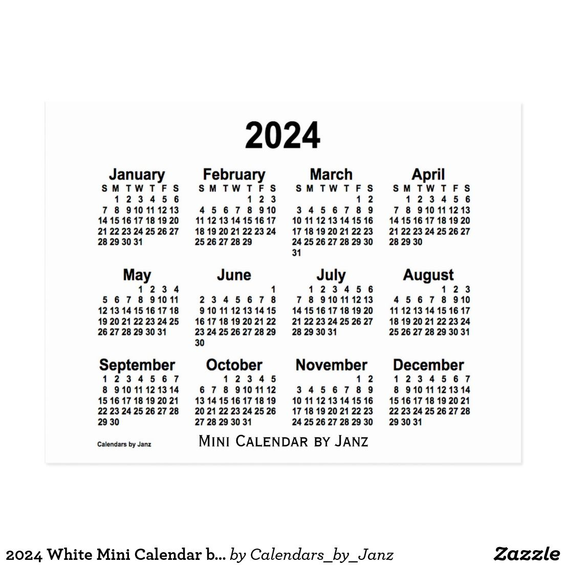 2024 White Mini Calendarjanz Postcard | Zazzle | Mini for 2024 Mini Calendar Printable Free
