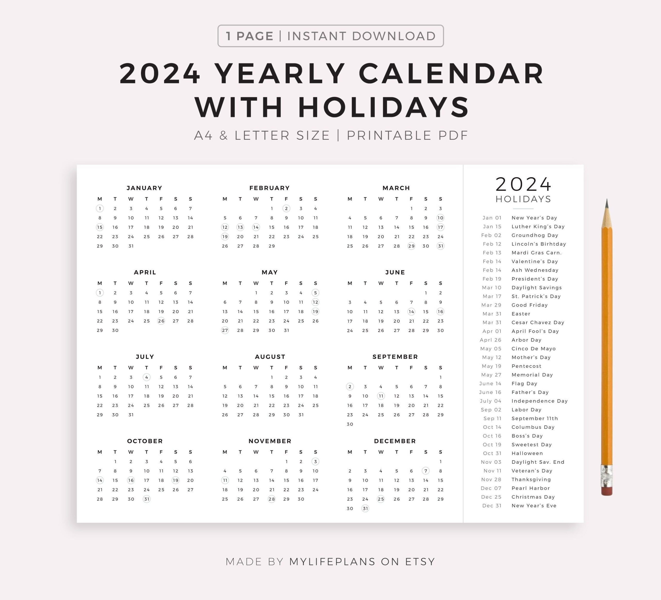 2024 Year Calendar With Holidays On One Page Printable - Etsy Norway for 2024 Desk Calendar Printable