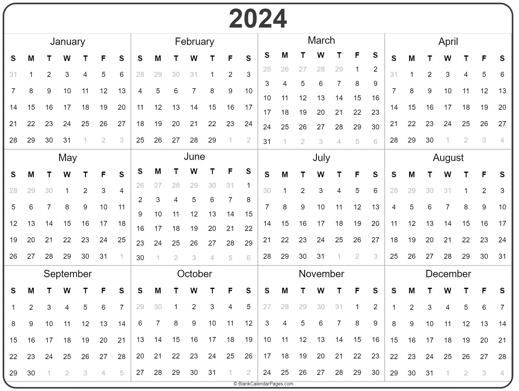 2024 Year Calendar | Yearly Printable for 2024 Landscape Printable Calendar