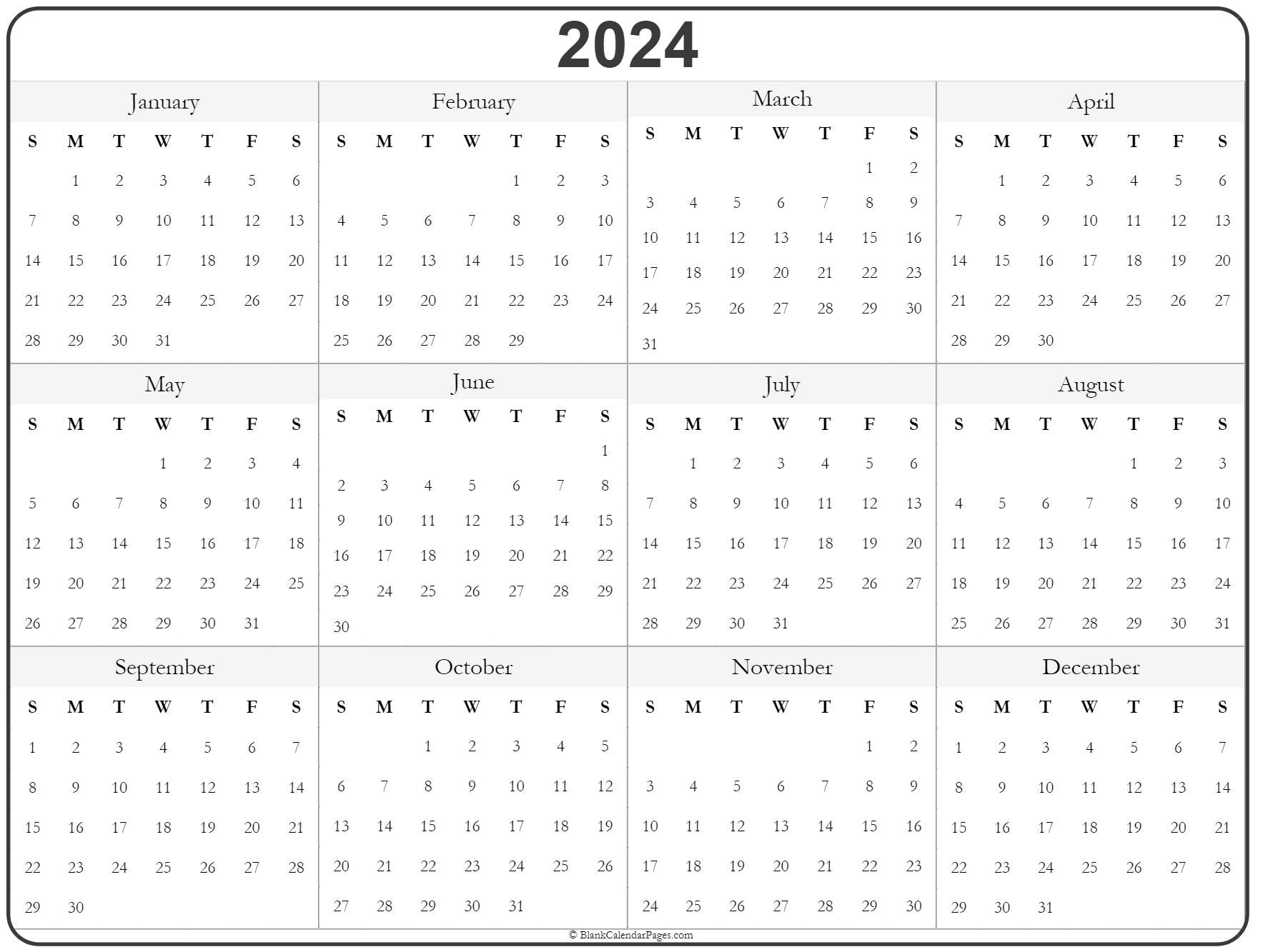 2024 Year Calendar | Yearly Printable for 2024 Printable Calendar One Page Landscape