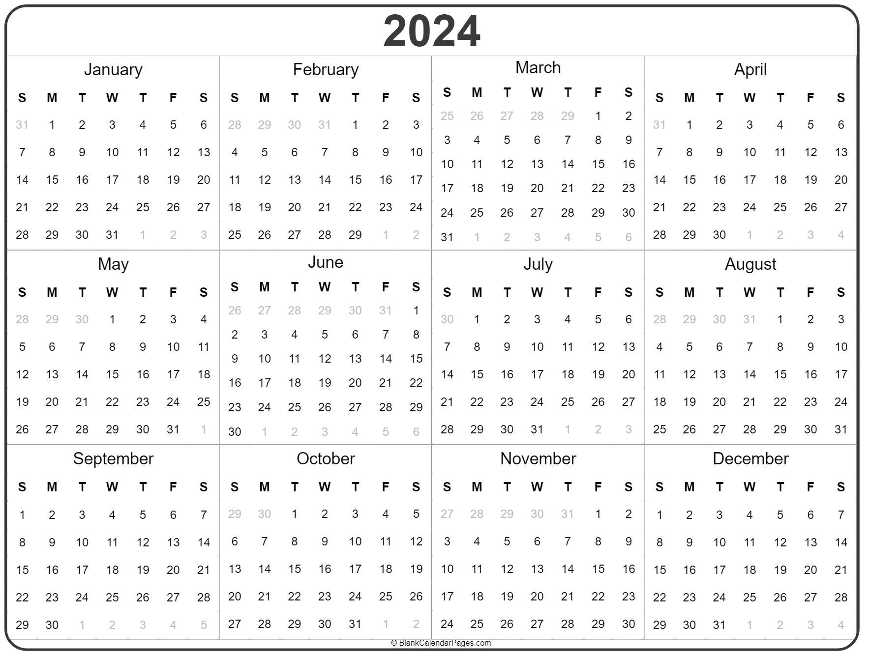 2024 Year Calendar | Yearly Printable for Calendar Pages 2024 Printable