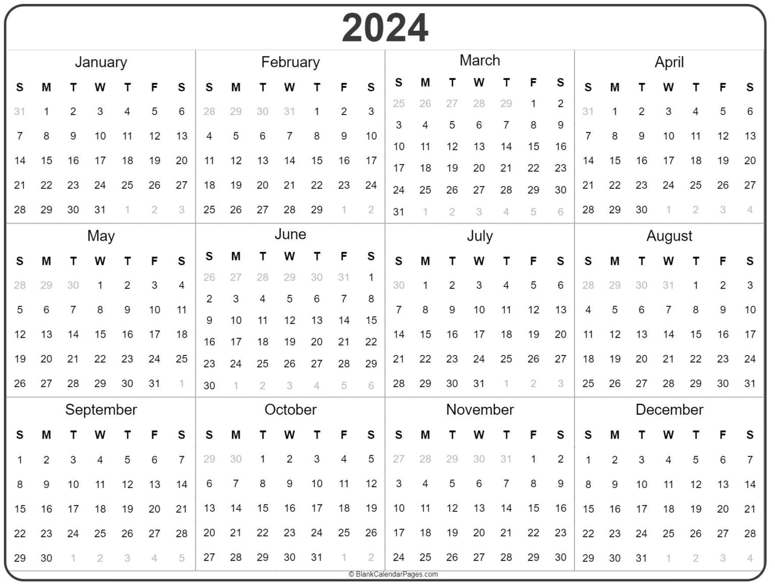 Year Calendar 2024 Printable FREE Printable