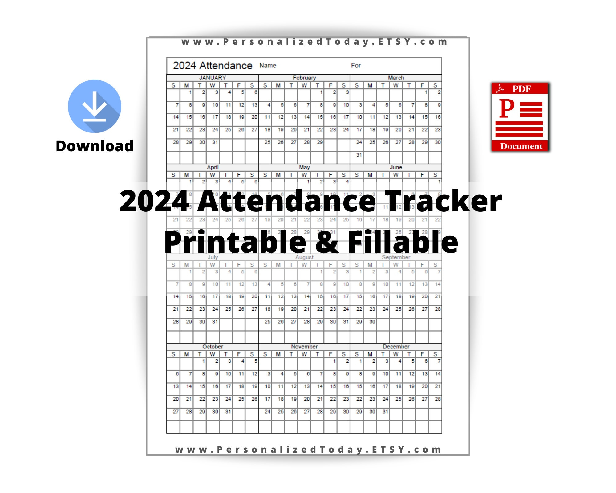 2024 Yearly Attendance Calendar Fillable And Print And Write - Etsy for Free Printable 2024 Employee Attendance Calendar