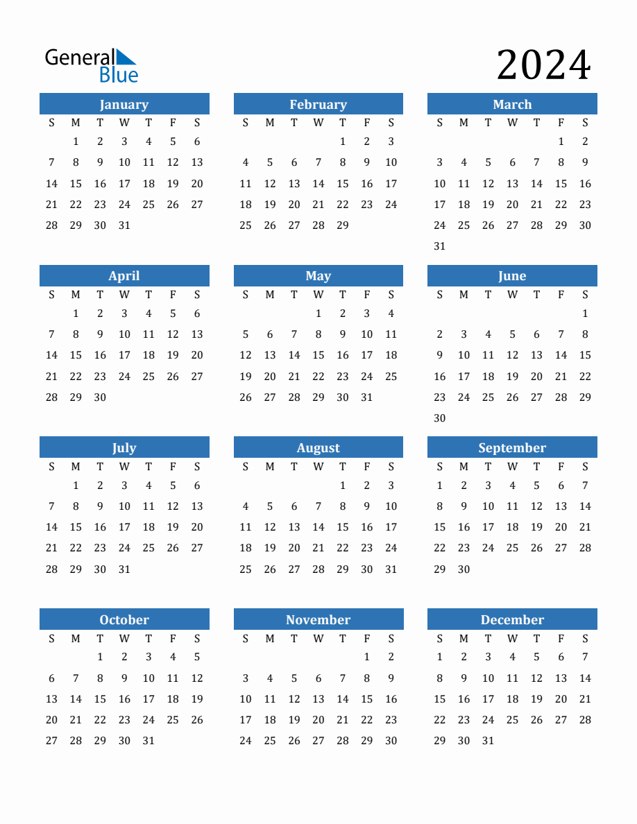2024 Yearly Calendar for General Blue Printable Calendar 2024
