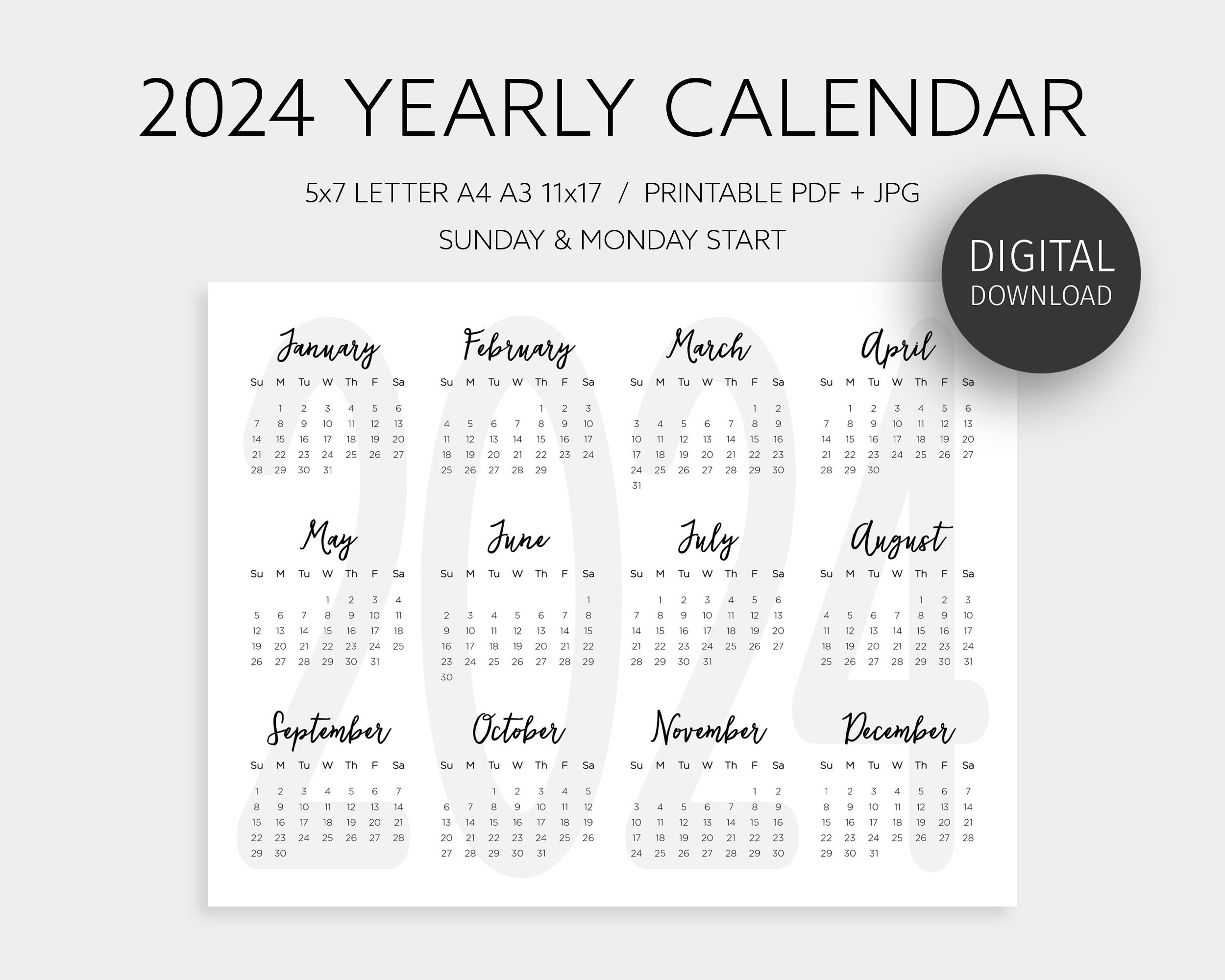 2024 Yearly Calendar Printable Annual Calendar Year At A - Etsy for 11X17 2024 Calendar Printable