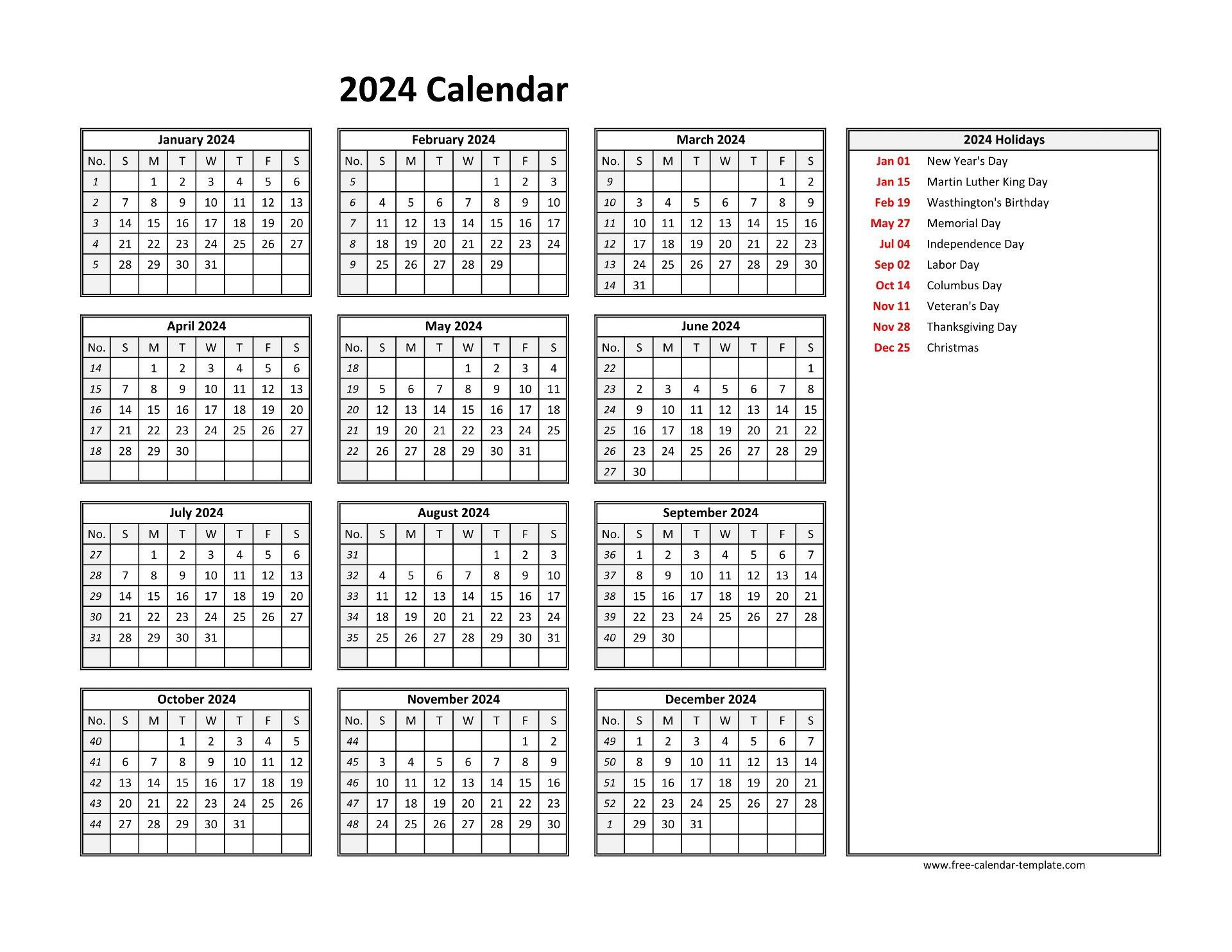 2024 Yearly Calendar Printable With Week Numbers | Free-Calendar for 2024 Attendance Calendar Free Printable
