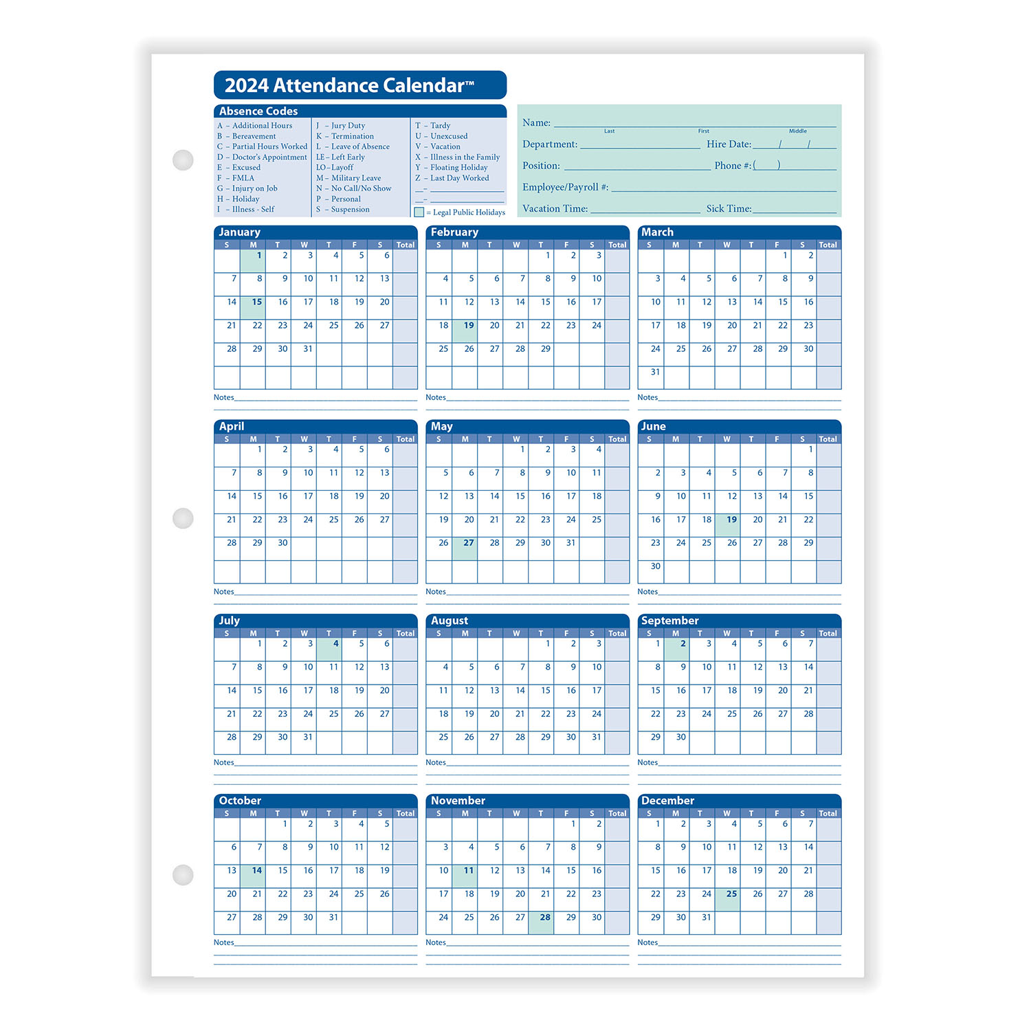 2024 Yearly Employee Attendance Calendar | Yearly Calendar | Hrdirect for 2024 Attendance Calendar Free Printable
