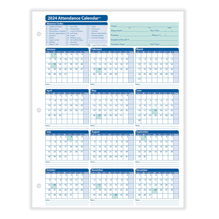 Free Printable 2024 Employee Attendance Calendar FREE Printable