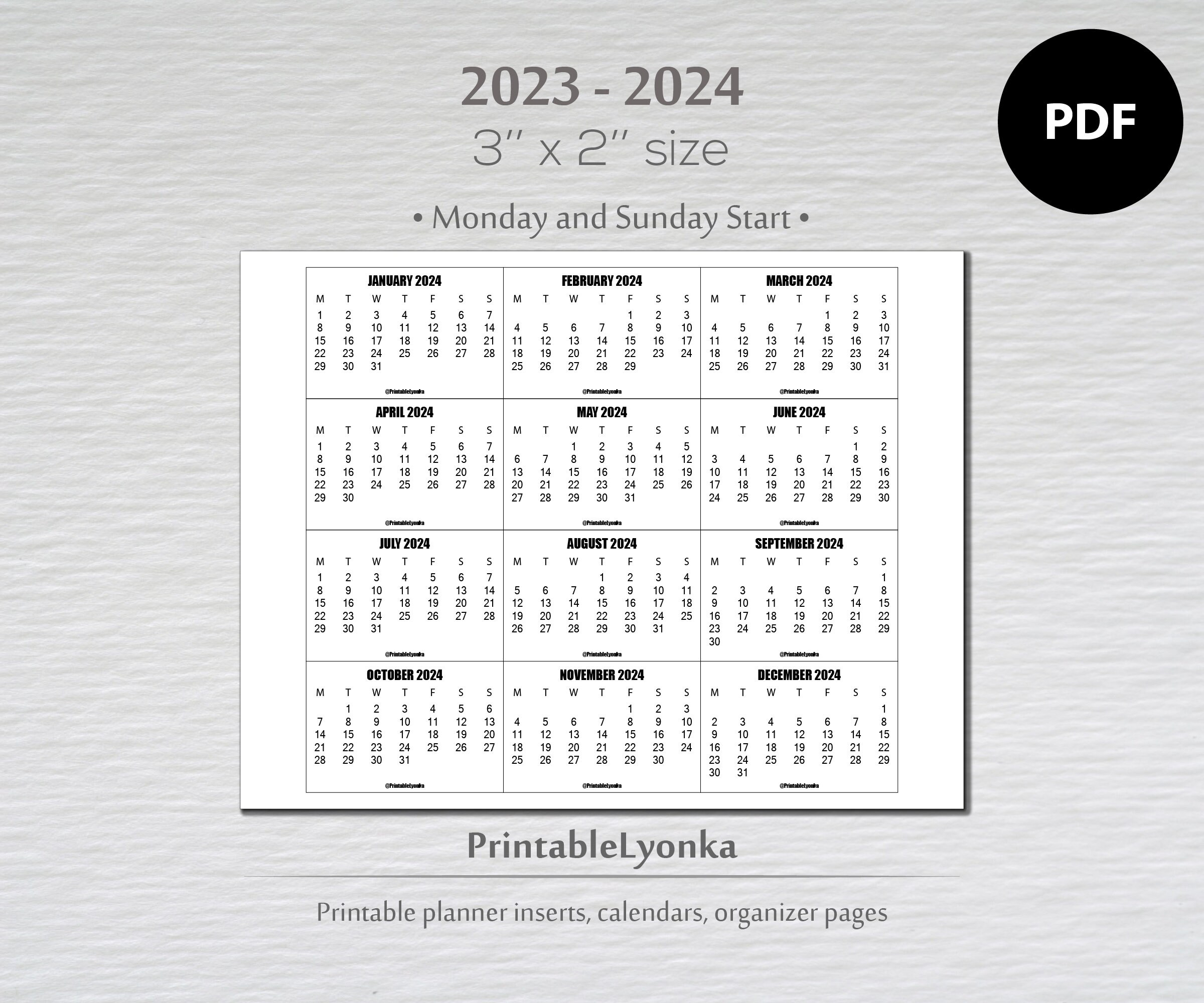 3 X 2 Inch Mini Calendars 2023 2024 Small Printable Calendar - Etsy for Small Printable Monthly Calendar 2024