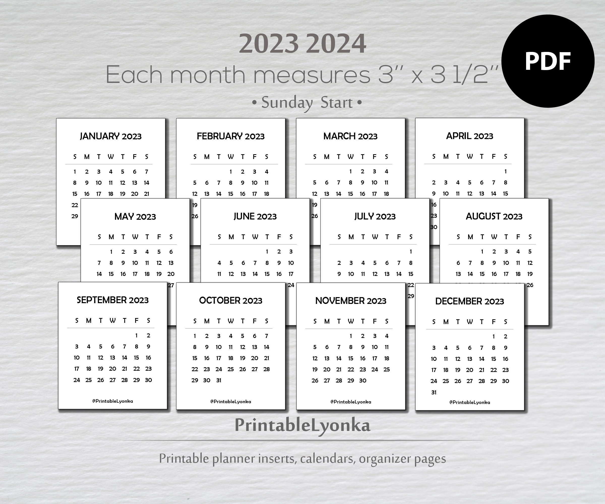 3 X 3.5 Inches Mini Calendars 2023 2024 Small Printable - Etsy for 2024 Small Printable Calendar