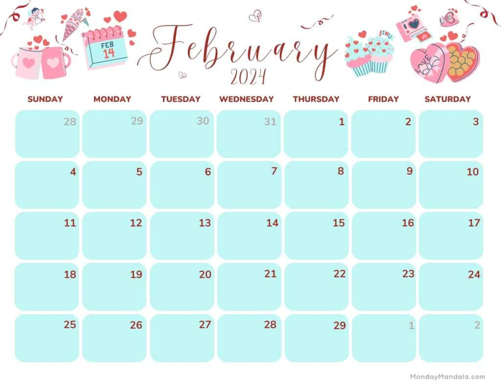 52 February 2024 Calendars (Free Pdf Printables) for Cute February 2024 Calendar Printable