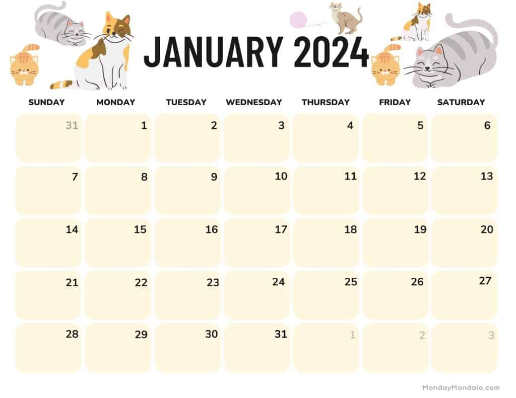 52 January 2024 Calendars (Free Pdf Printables) for Free Printable Cat Calendar 2024