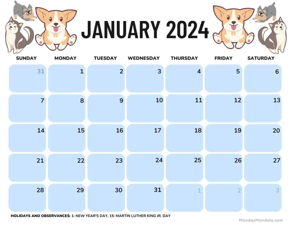 52 January 2024 Calendars (Free Pdf Printables) for Free Printable Dog Calendar 2024