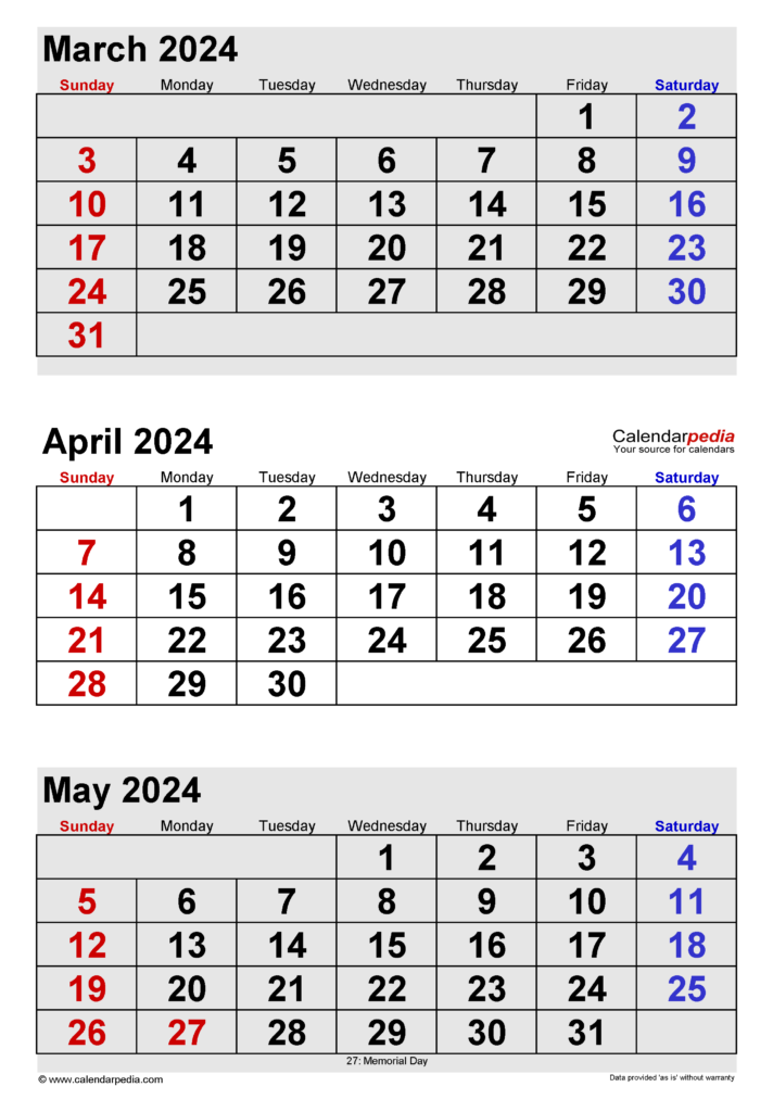 Printable Calendar March April May 2024 Printable Calendar 2024
