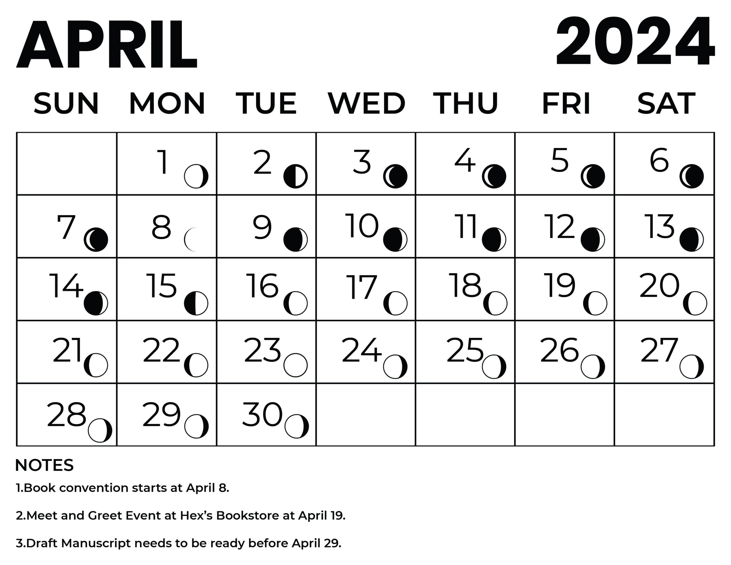 April 2024 Calendar With Moon Phases - Word, Illustrator, Eps, Svg for Calendar With Moon Phases 2024 Printable