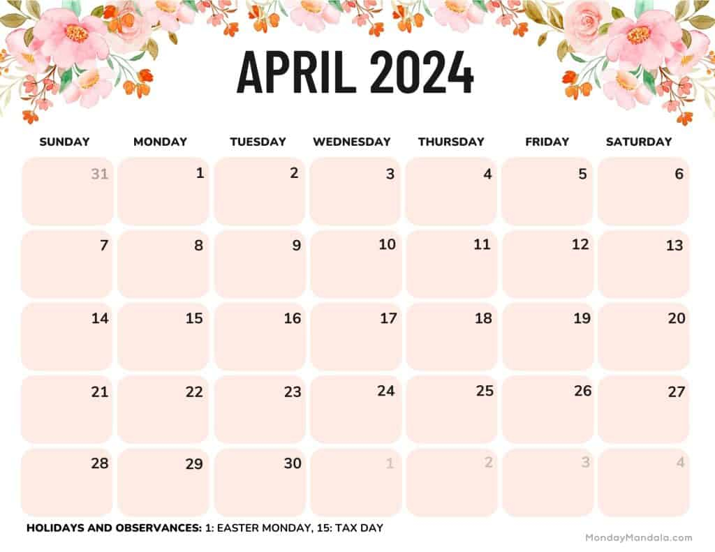 April 2024 Calendars (52 Free Pdf Printables) for April 2024 Calendar Printable Cute