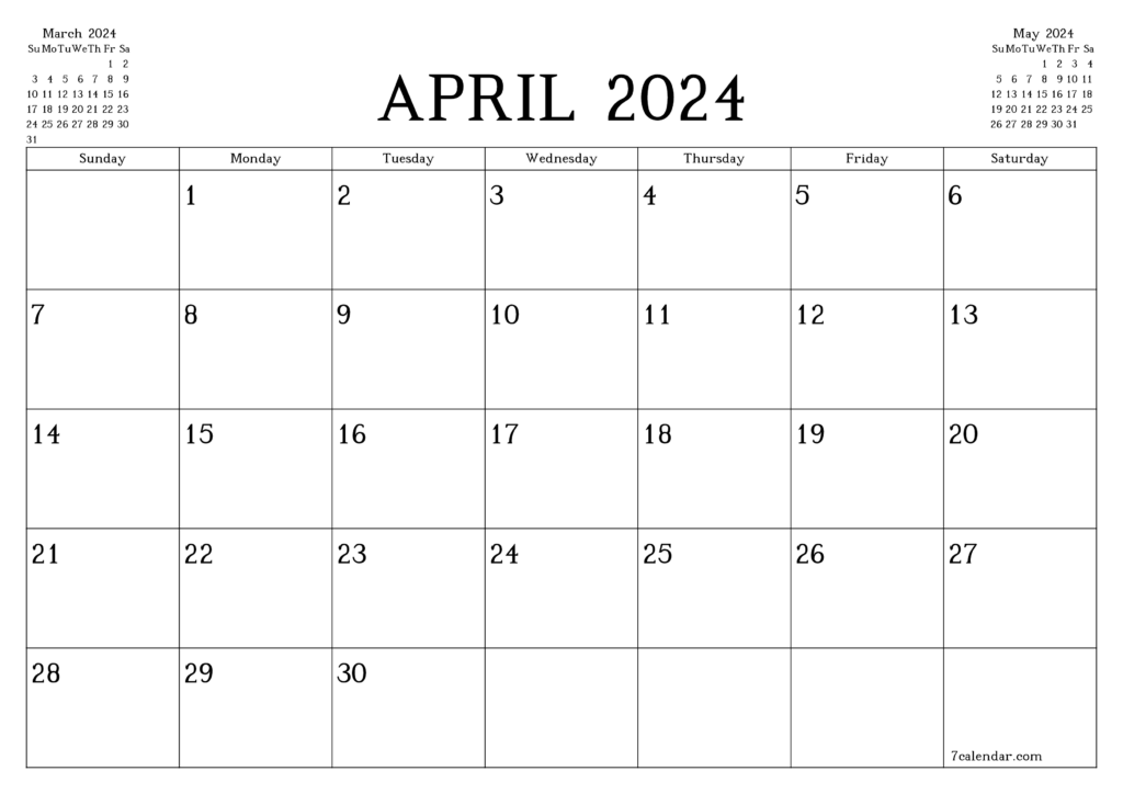 Printable Monthly Calendar 2024 April | Printable Calendar 2024