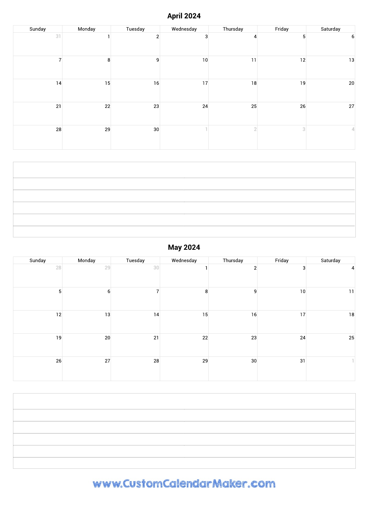 April And May 2024 Calendar for Printable Calendar For April And May 2024