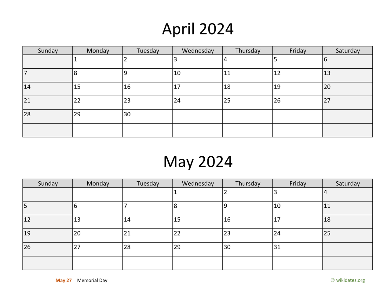 April And May 2024 Calendar | Wikidates for April May 2024 Calendar Printable