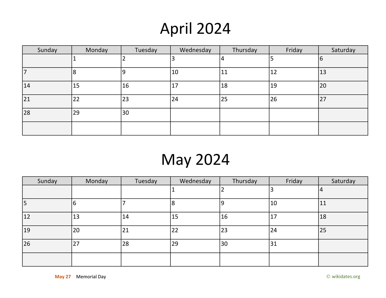 April And May 2024 Calendar | Wikidates for Printable Calendar 2024 April May