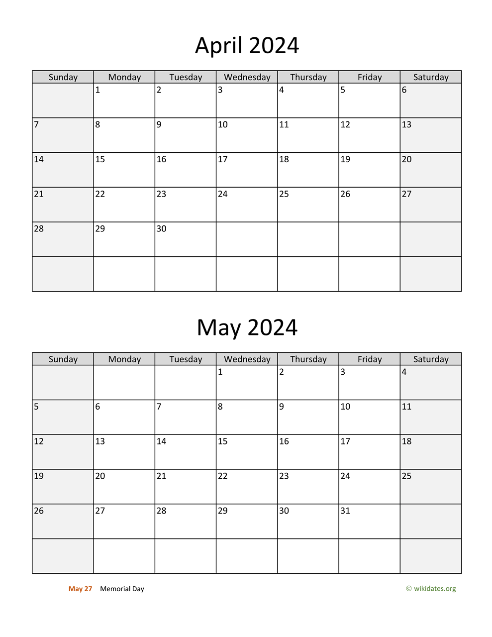 April And May 2024 Calendar | Wikidates for Printable Calendar 2024 April May June