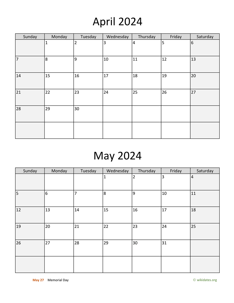 April And May 2024 Calendar | Wikidates for Printable Calendar For April And May 2024