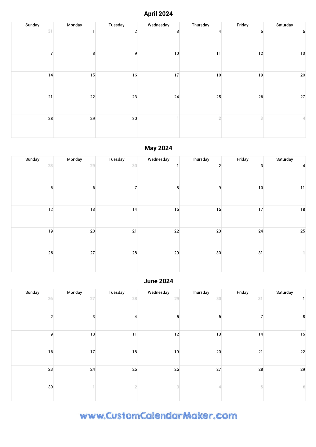 April To June 2024 Calendar Printable for Printable Calendar April May June 2024