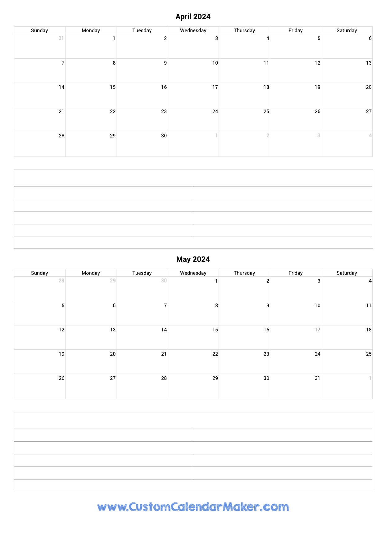 April To May 2024 Calendar Template With Notes for April May 2024 Calendar Printable