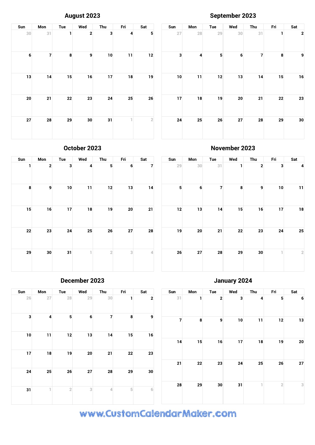 August 2023 To January 2024 Printable Calendar for August 2023 - June 2024 Calendar Printable