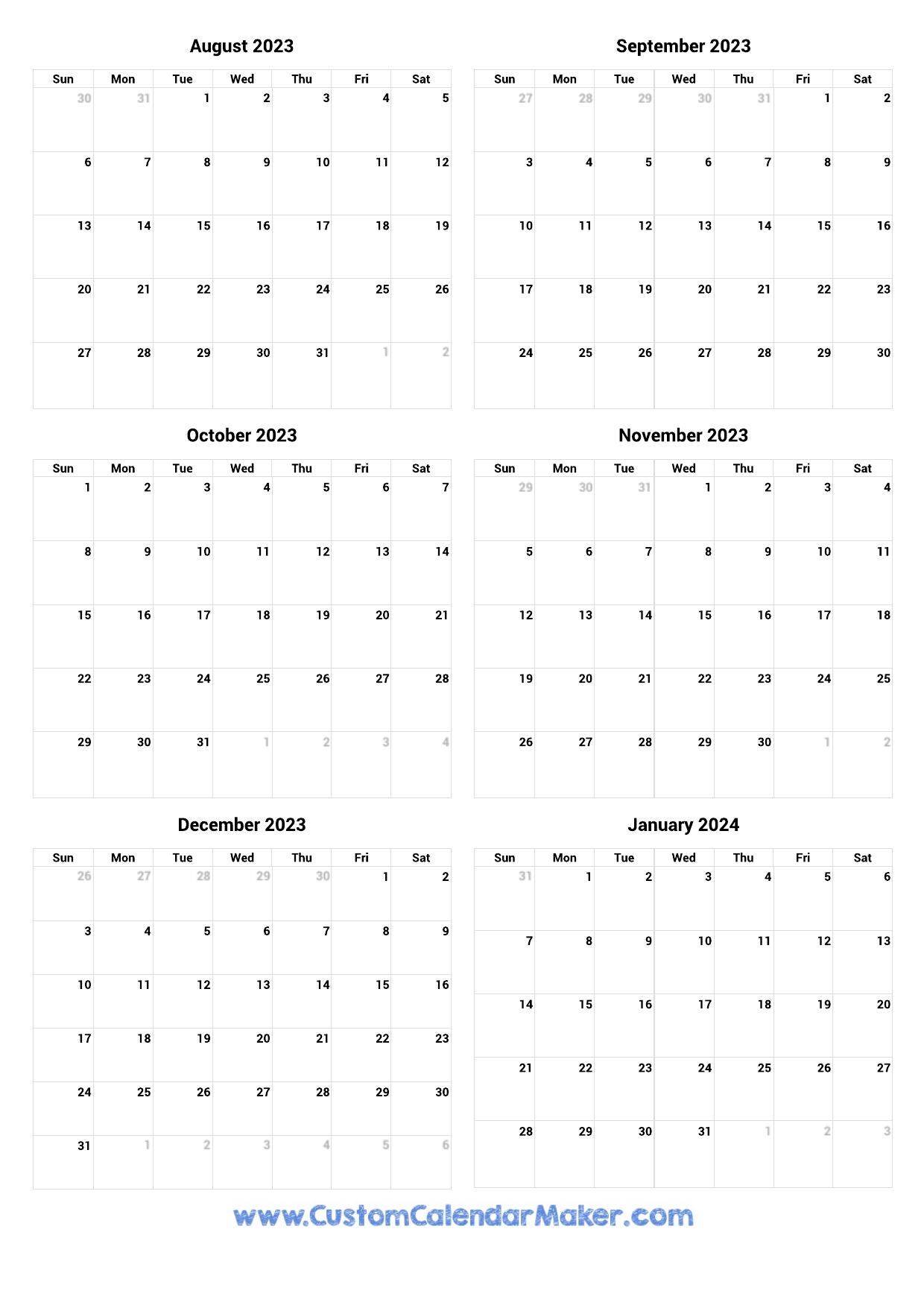 August 2023 To January 2024 Printable Calendar for August 2023-May 2024 Calendar Printable