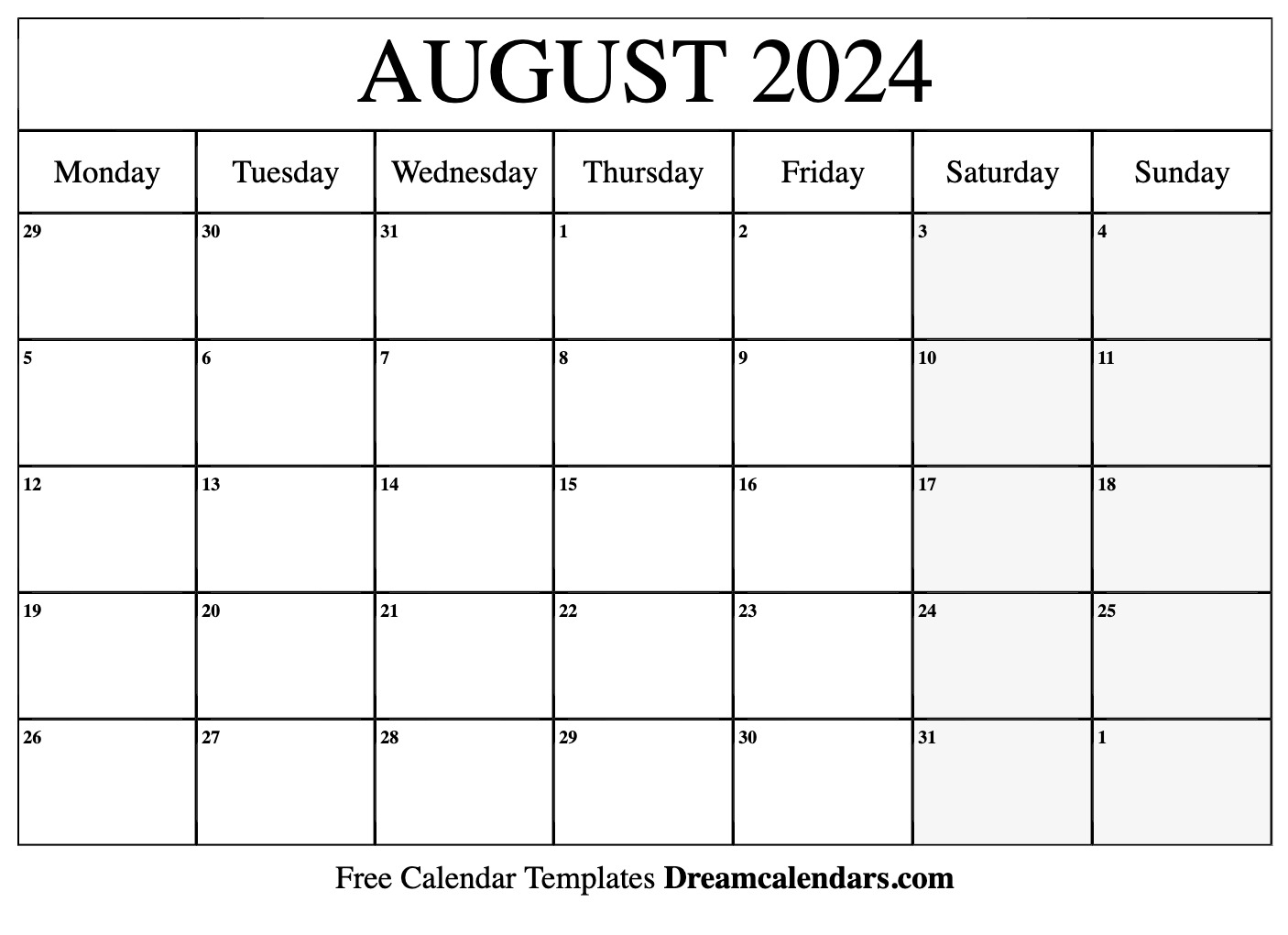 August 2024 Calendar | Free Blank Printable With Holidays for Free August 2024 Printable Calendar