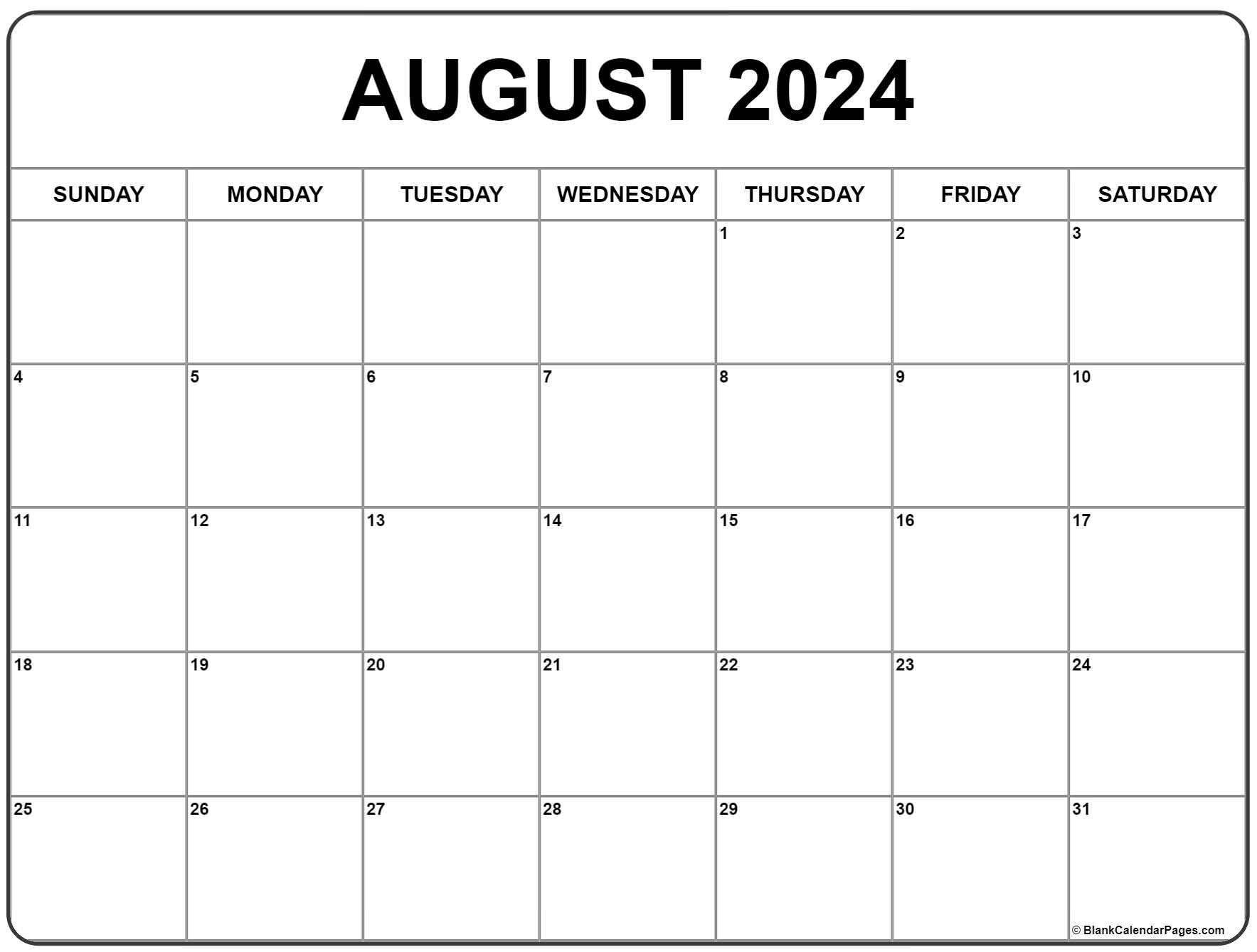 August 2024 Calendar | Free Printable Calendar for Blank Calendar August 2024 Printable