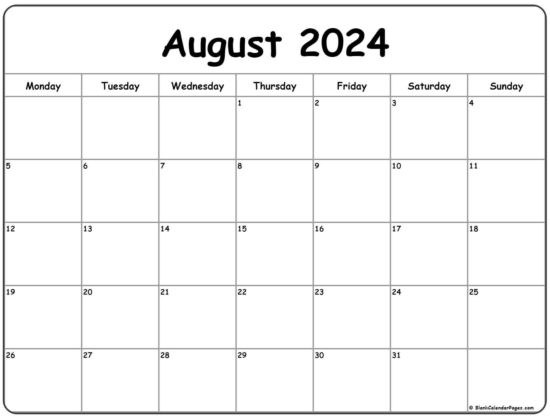 August 2024 Monday Calendar | Monday To Sunday for Aug 2024 Calendar Printable