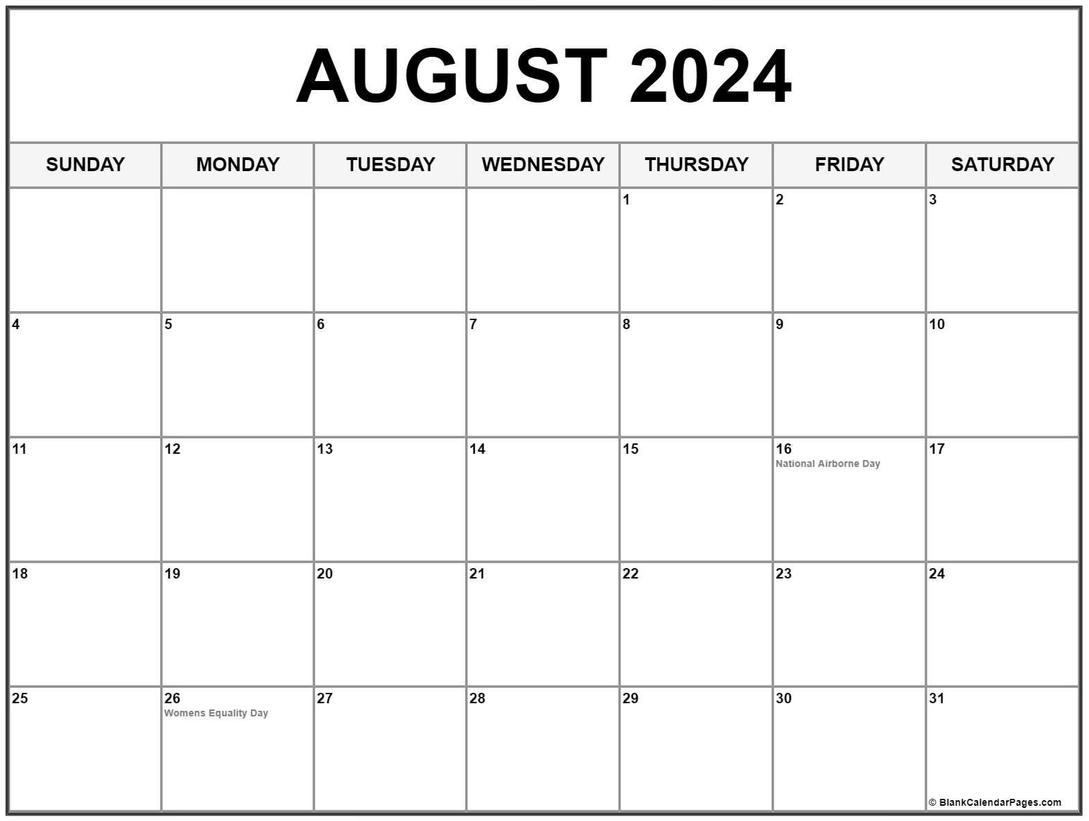 August 2024 With Holidays Calendar for August 2024 Calendar With Holidays Printable
