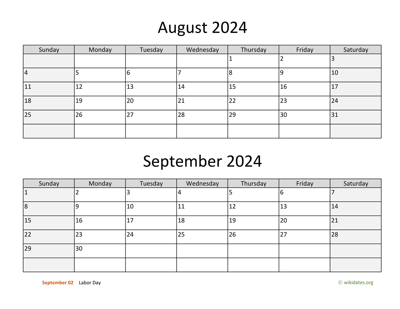 August And September 2024 Calendar | Wikidates for August September 2024 Calendar Printable