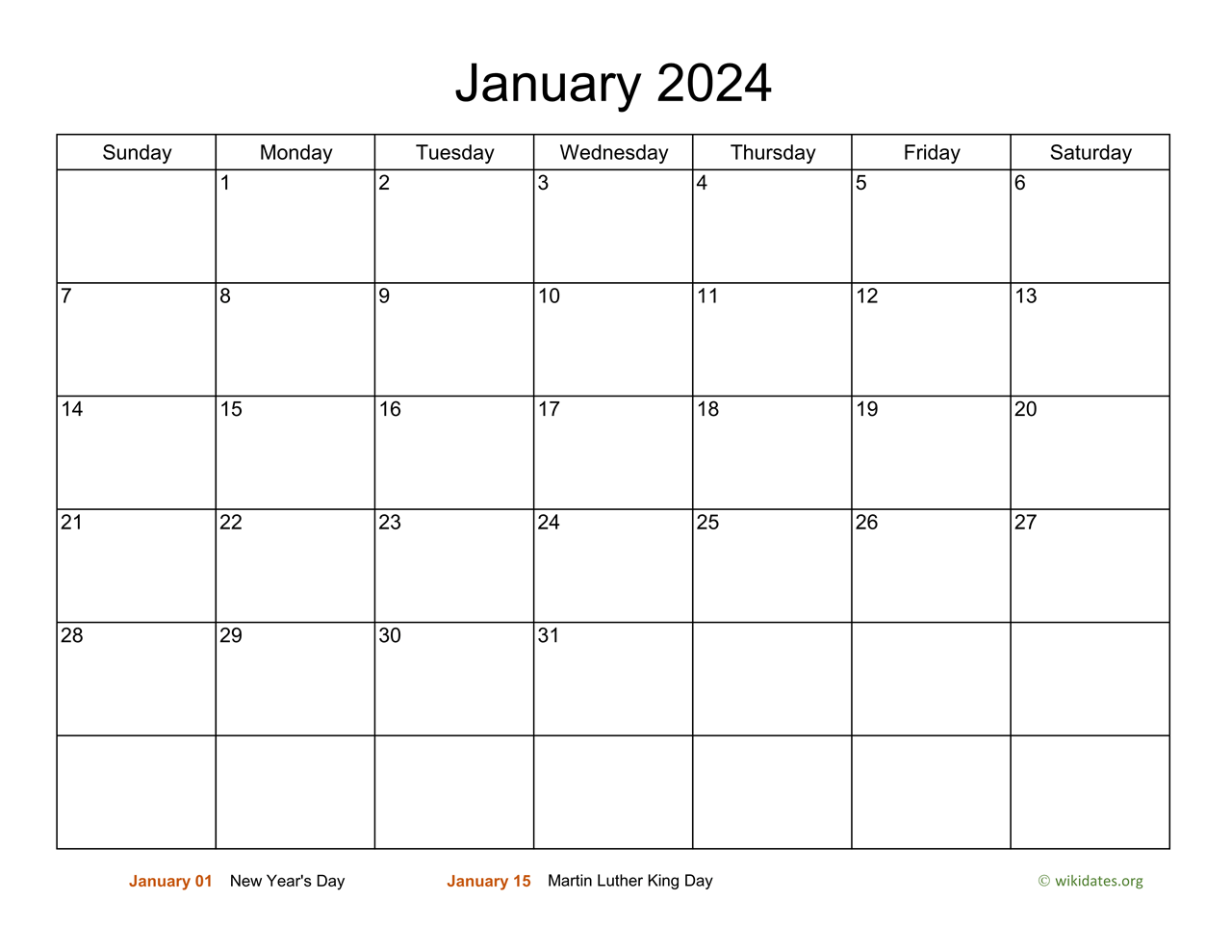Basic Calendar For January 2024 | Wikidates for Free Printable Calendar January 2024 Wiki