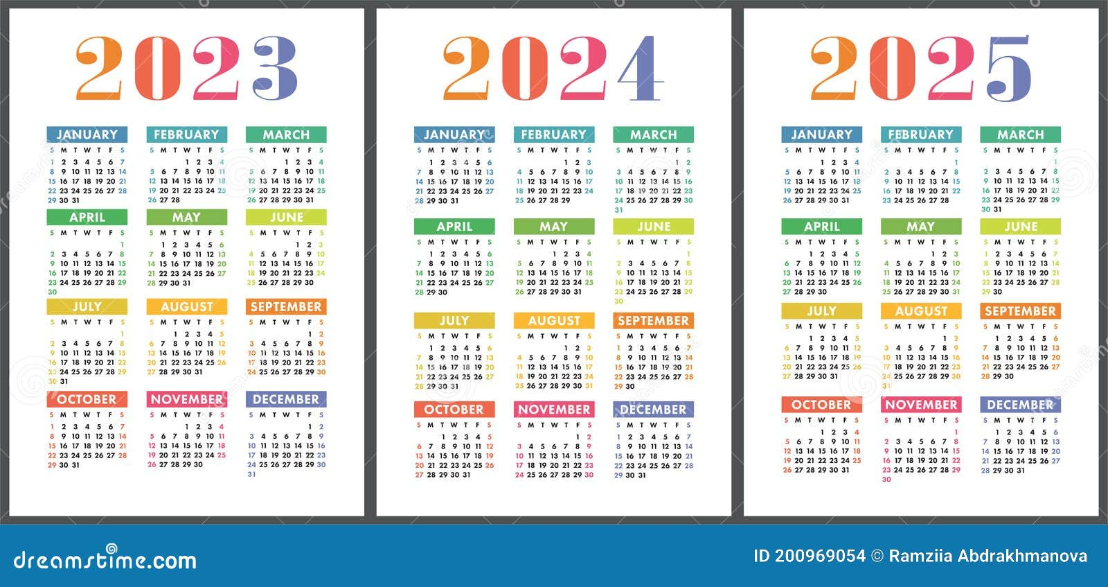 Calendar 2023, 2024 And 2025. English Colorful Vector Set for 2024 Pocket Calendar Printable
